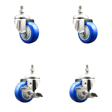 Service Caster 3.5 Inch 316SS Blue Polyurethane Swivel 12mm Stem Caster Brake SCC, 2PK SS316TS20S3514-PPUB-BLUE-M1215-2TLB2